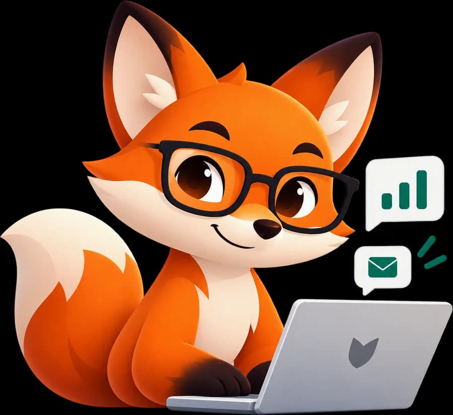 Rufy, a fox in glasses, working at a laptop with an email and a chart notification beside it